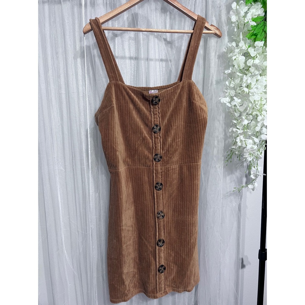No Boundaries Brown Corduroy look Button Front Pinafore Mini Dress Womens XXL